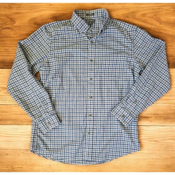 Eddie Bauer Cotton Button Up Mens Size M Blue Gray White Plaid Relaxed Fit EUC - Picture 1 of 9